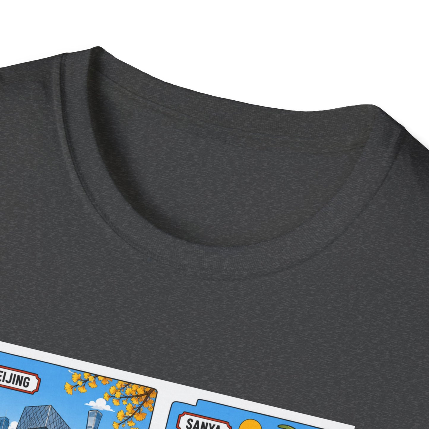 Cityscape Postcard T-Shirt — Retro Travel Collage (Beijing, Santa, Coastal Scenes)