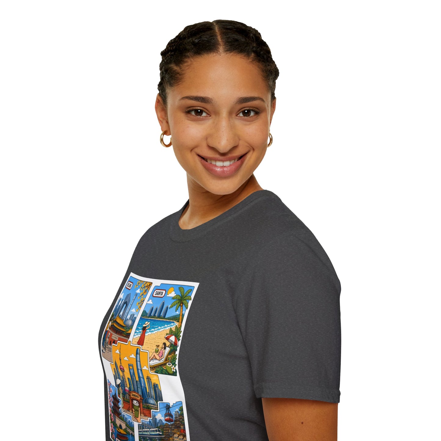 Cityscape Postcard T-Shirt — Retro Travel Collage (Beijing, Santa, Coastal Scenes)