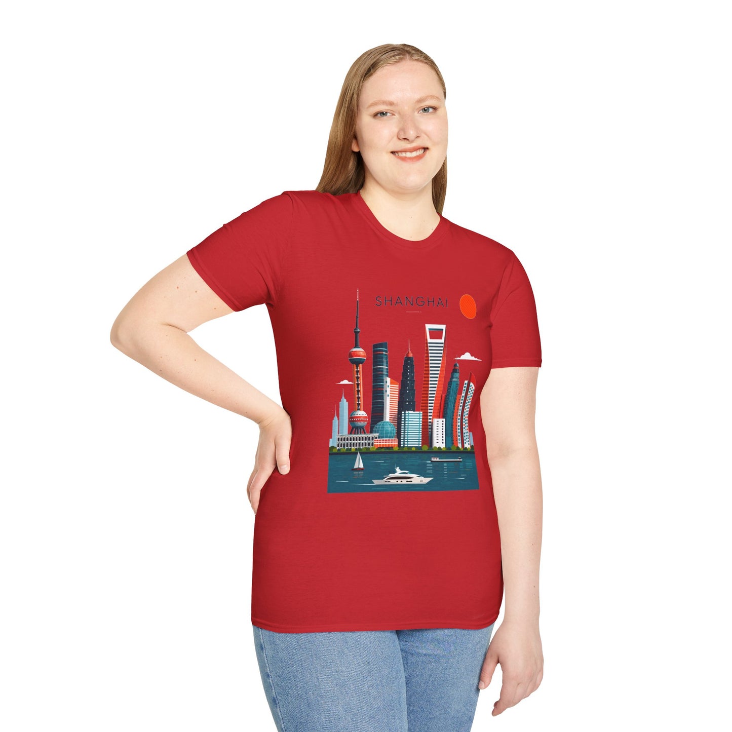 Shanghai Skyline T‑Shirt — Retro Red Sun Cityscape Tee
