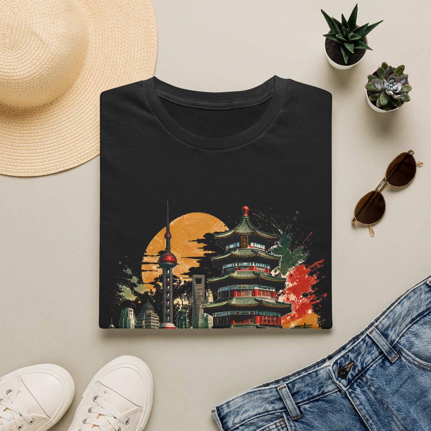 Shanghai Skyline T-Shirt — Watercolor Pagoda & Oriental Sunset Graphic