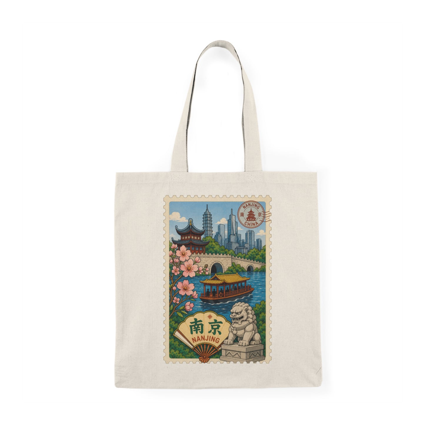 Nanjing Travel Stamp Tote Bag — Scenic Cherry Blossom River Market Bag