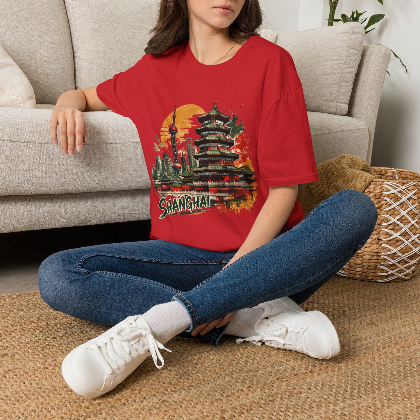 Shanghai Skyline T-Shirt — Watercolor Pagoda & Oriental Sunset Graphic