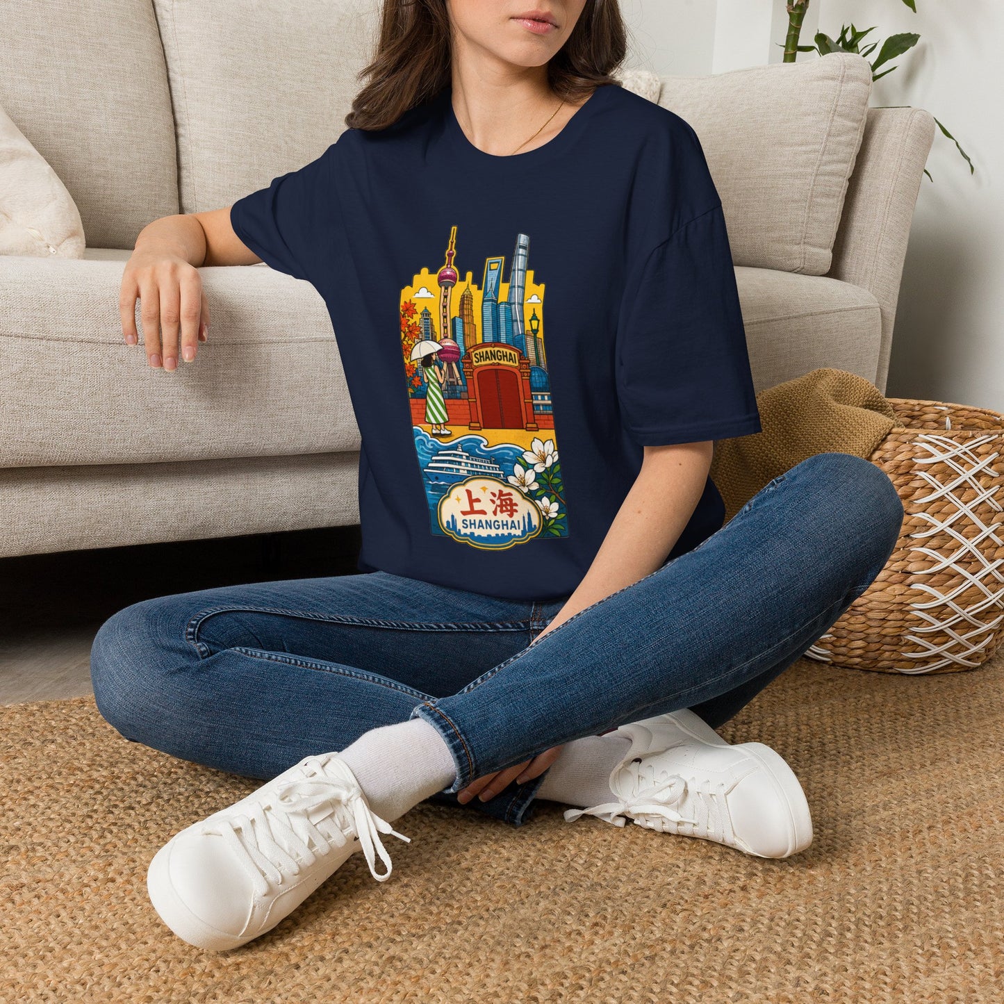 Shanghai Skyline T-Shirt — Vintage Cityscape with Chinese Characters