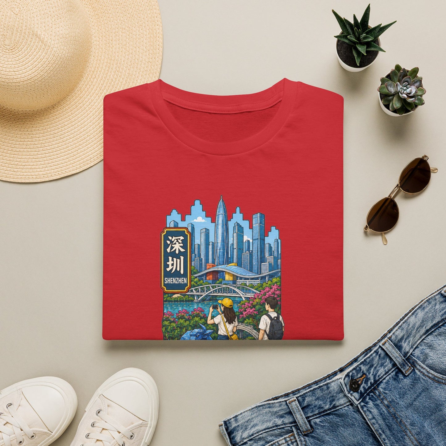 Shenzhen Skyline T-Shirt — Retro Travel City Scene with Chinese Characters