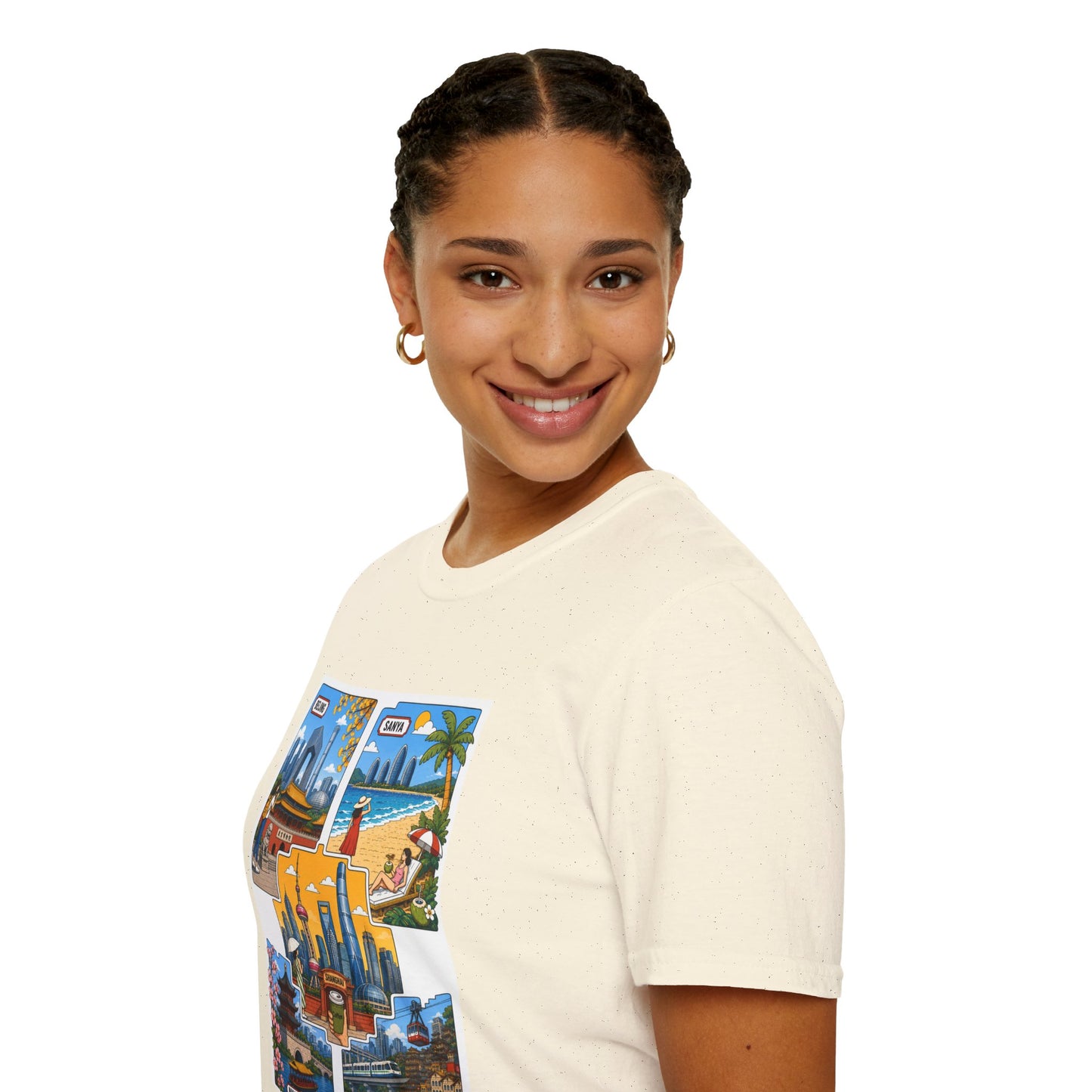 Cityscape Postcard T-Shirt — Retro Travel Collage (Beijing, Santa, Coastal Scenes)