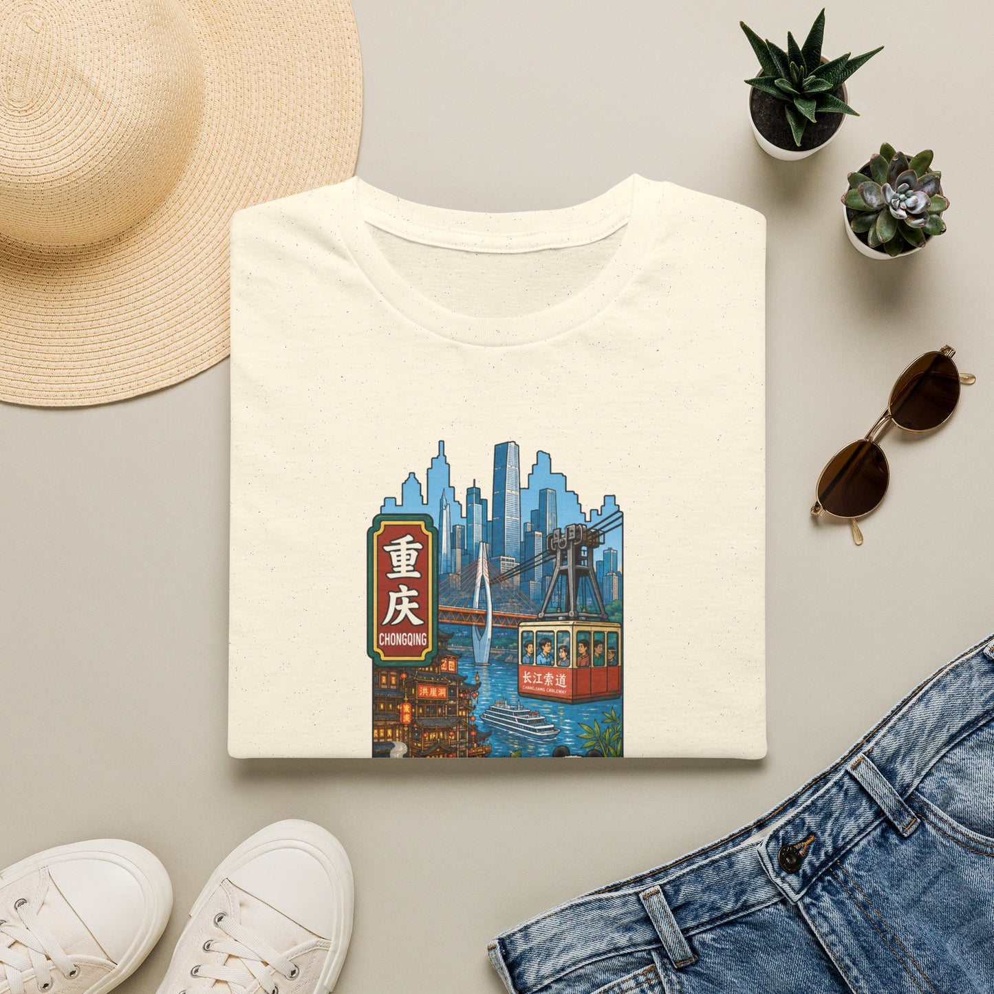 Chongqing Cityscape T-Shirt — Cable Car, Skyline & Night Market Illustration