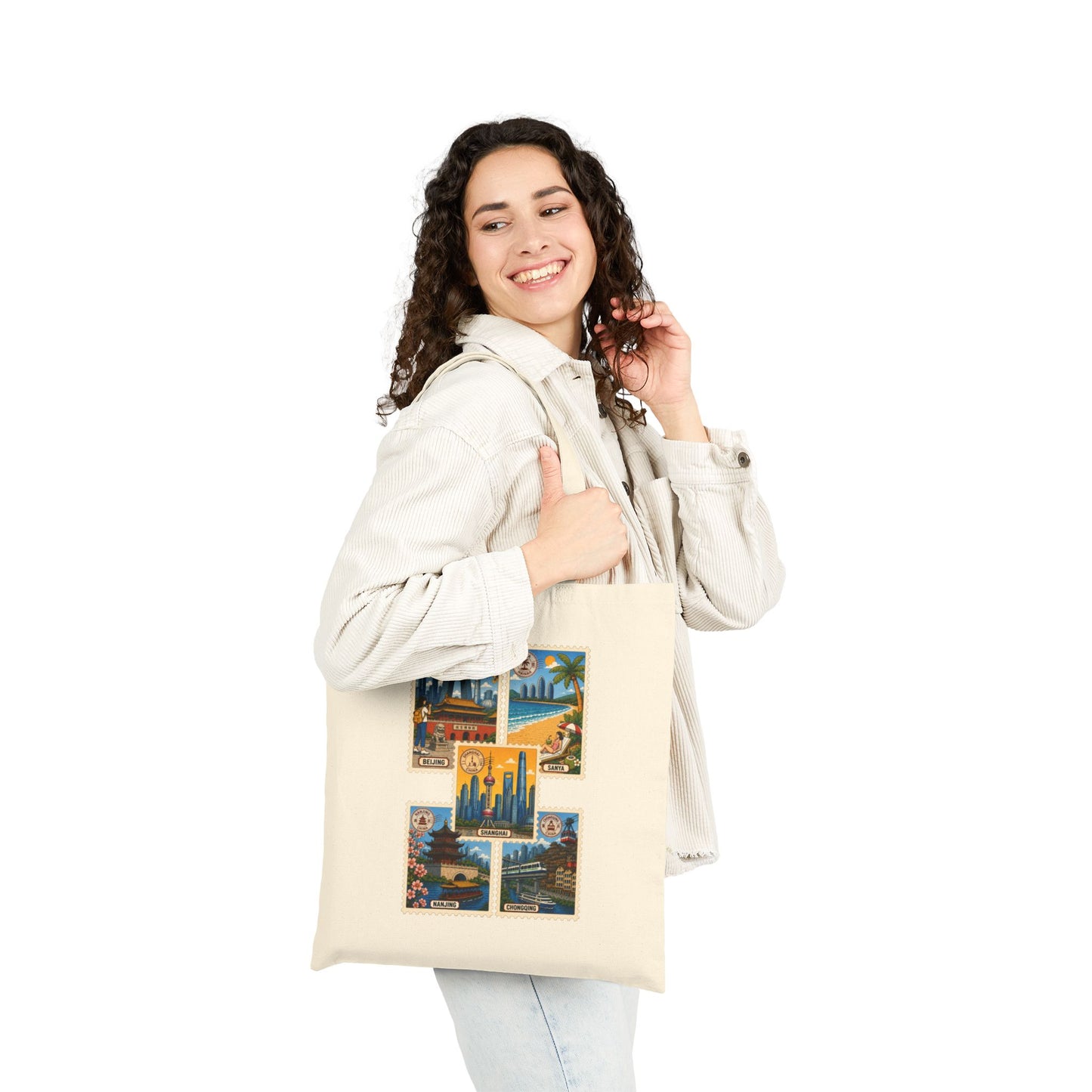 Cityscape Vintage Postcard Canvas Tote — Retro Travel Beach & Skyline Design