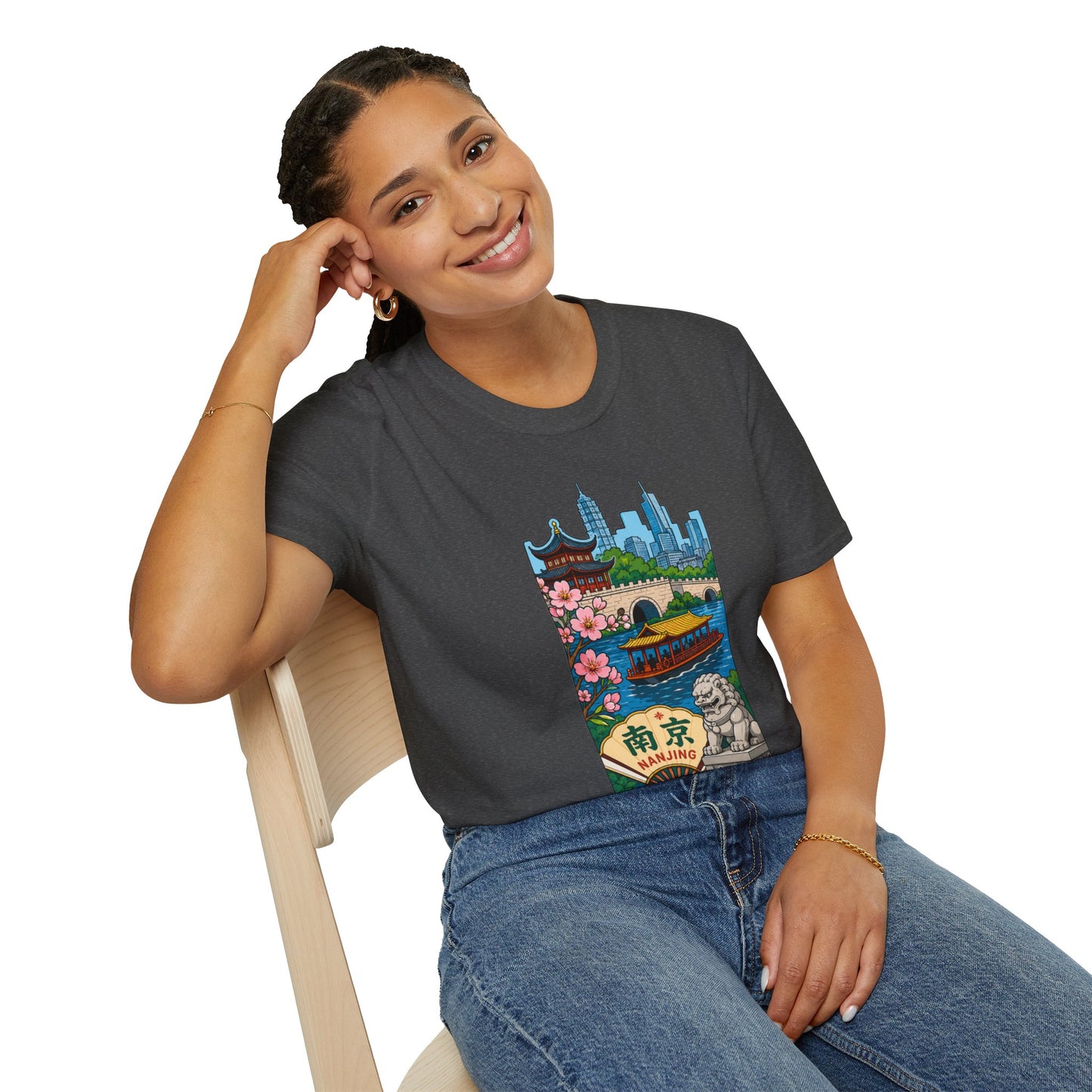 Nanjing Cityscape T-Shirt — Cherry Blossoms, Pagoda & Skyline Travel Shirt