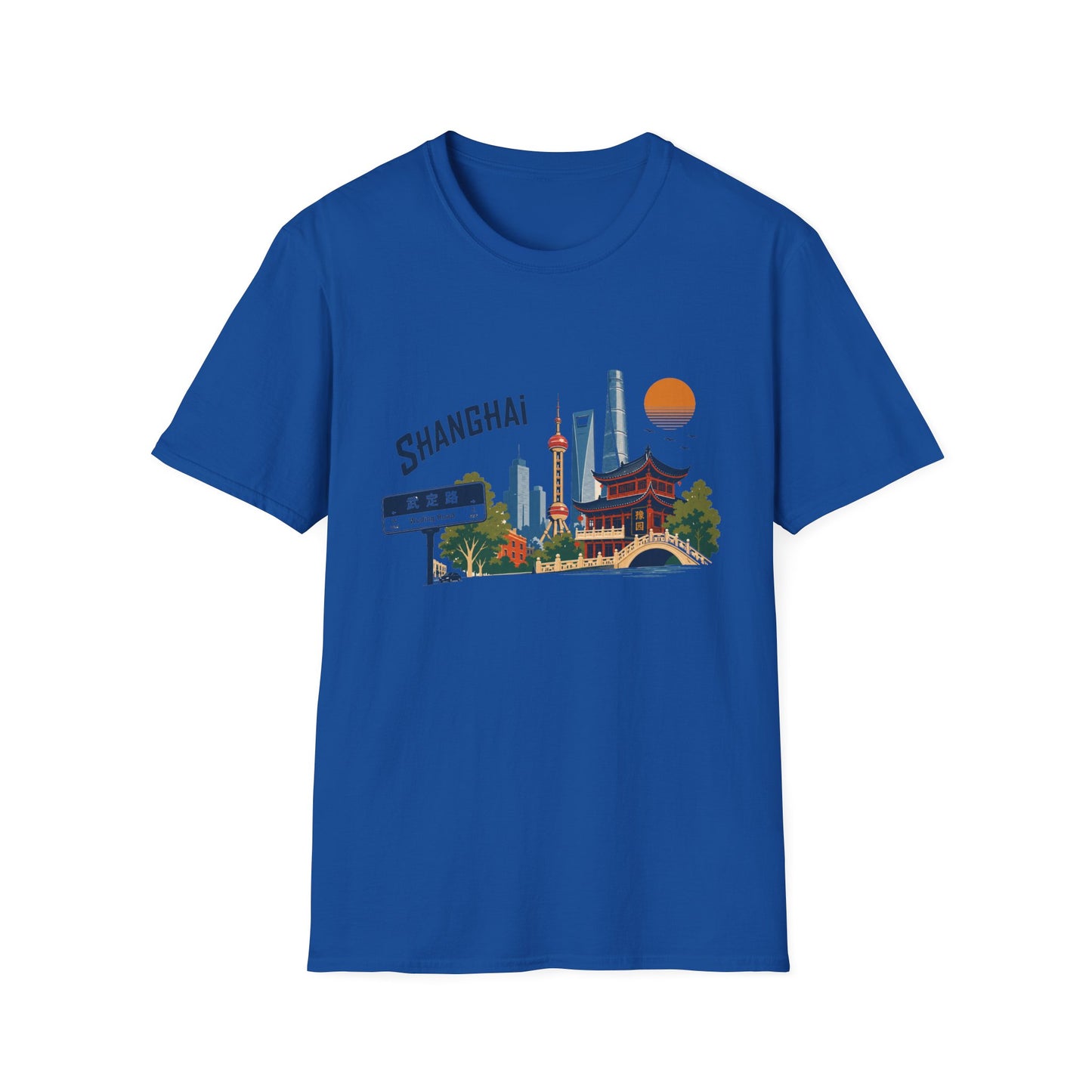 Shanghai Skyline T-Shirt — Retro Cityscape Tee with Oriental Pagoda & Street Sign