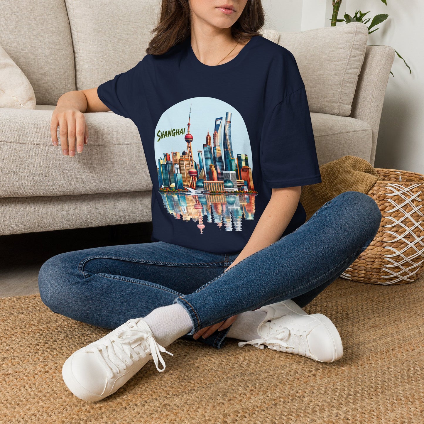 Shanghai Skyline T-Shirt — Retro Cityscape Tee with Reflection