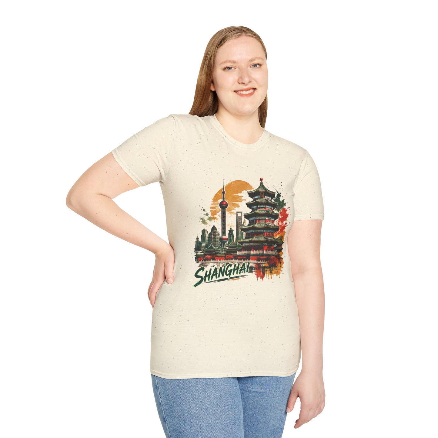 Shanghai Skyline T-Shirt — Watercolor Pagoda & Oriental Sunset Graphic