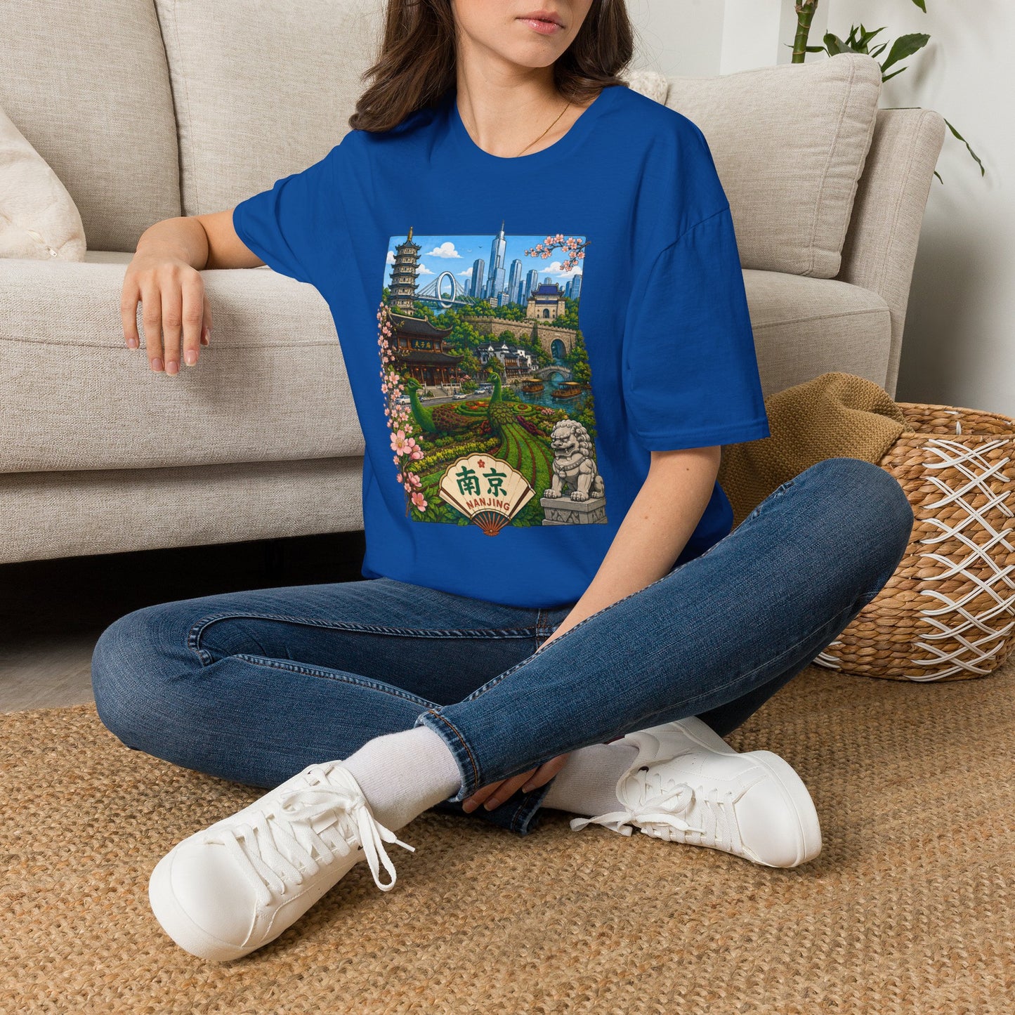 Nanjing Skyline T-Shirt — Scenic Cityscape with Pagoda & Cherry Blossoms