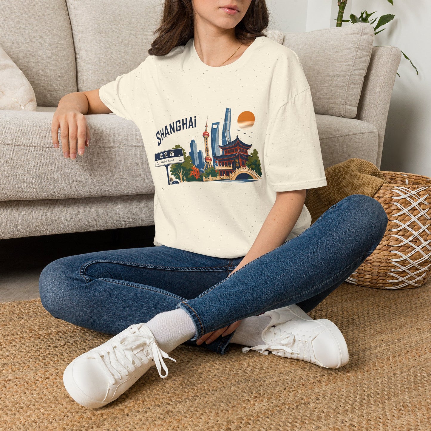 Shanghai Skyline T-Shirt — Retro Cityscape Tee with Oriental Pagoda & Street Sign