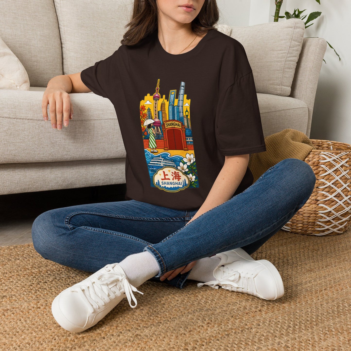 Shanghai Skyline T-Shirt — Vintage Cityscape with Chinese Characters