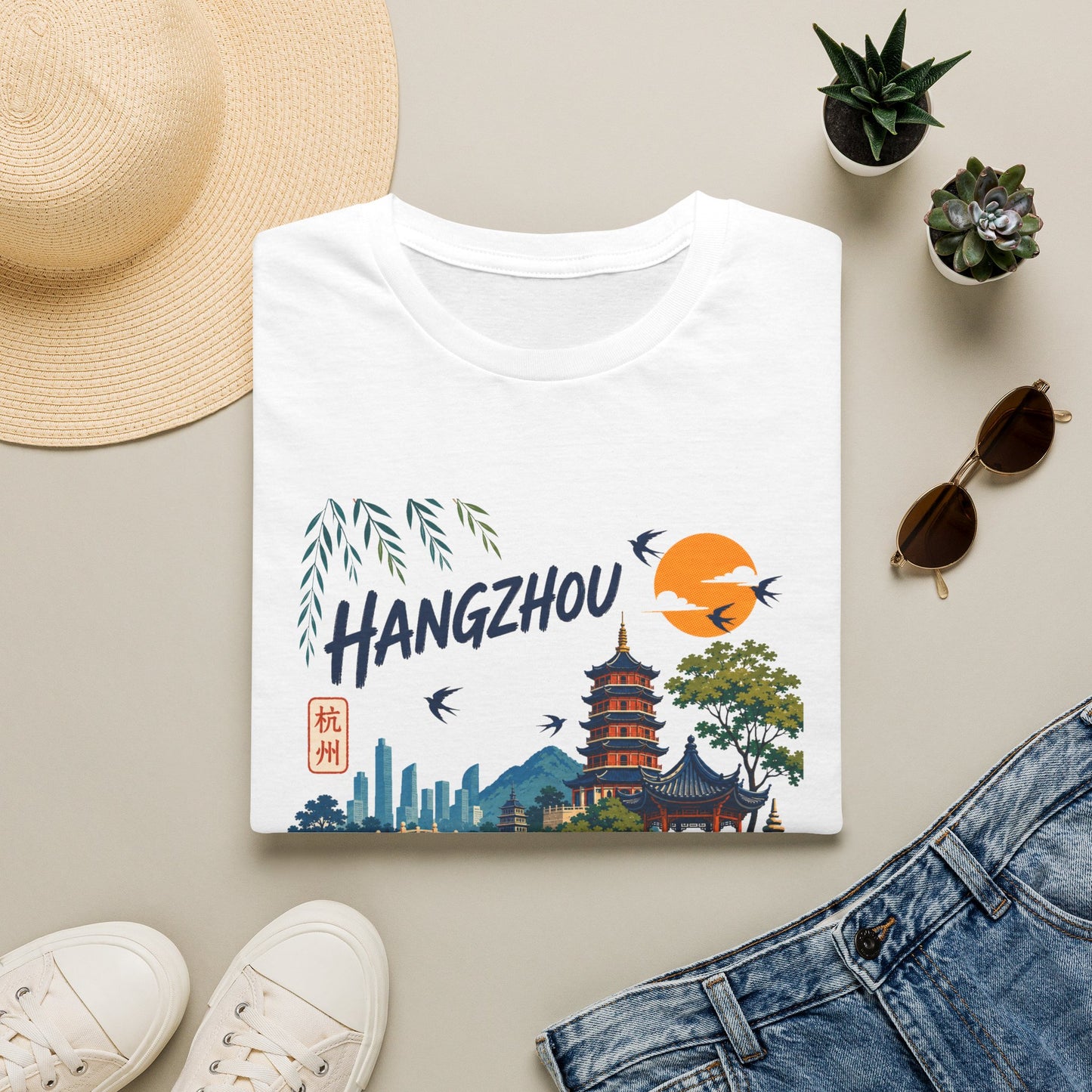 Hangzhou Travel Tee — Scenic Pagoda, Skyline & Sunset Graphic T-Shirt