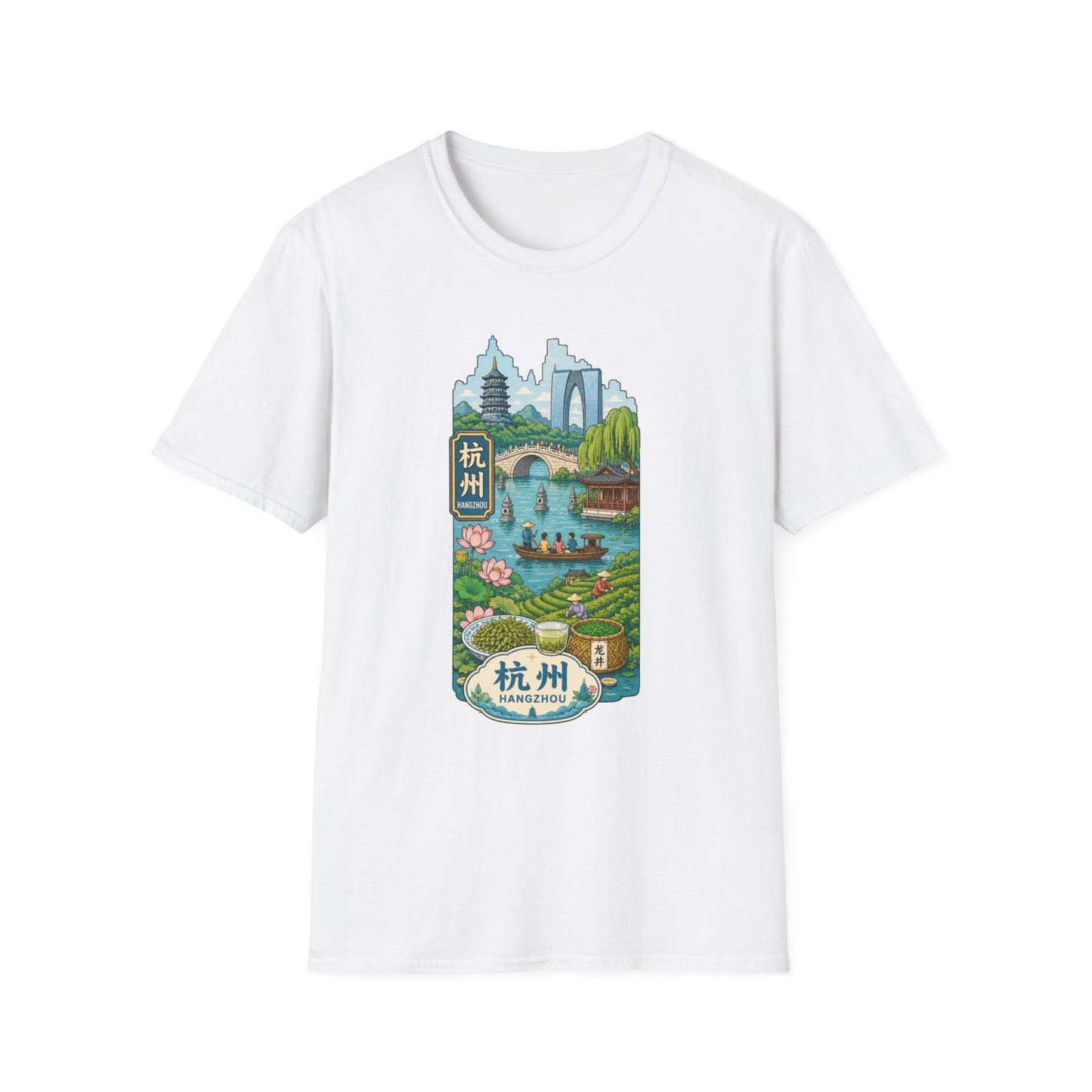 Hangzhou Scenic T-Shirt — West Lake Pagoda & Bridge Illustration