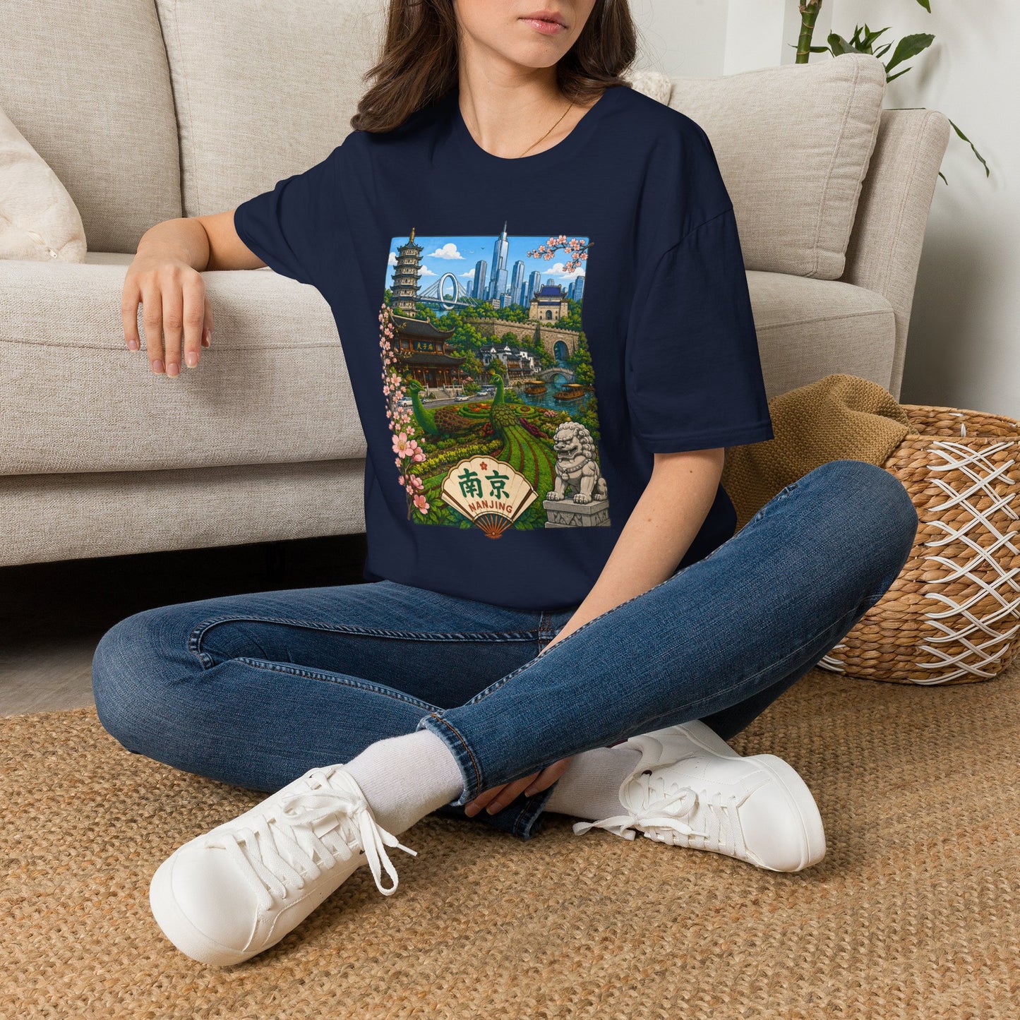 Nanjing Skyline T-Shirt — Scenic Cityscape with Pagoda & Cherry Blossoms