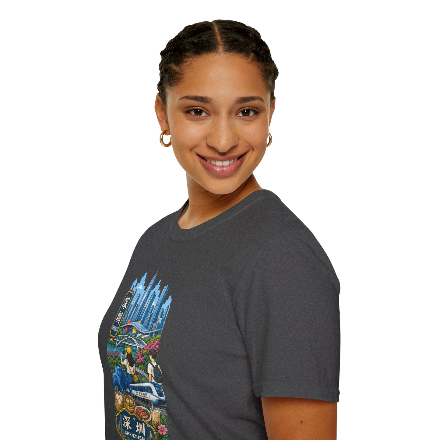 Shenzhen Skyline T-Shirt — Retro Travel City Scene with Chinese Characters