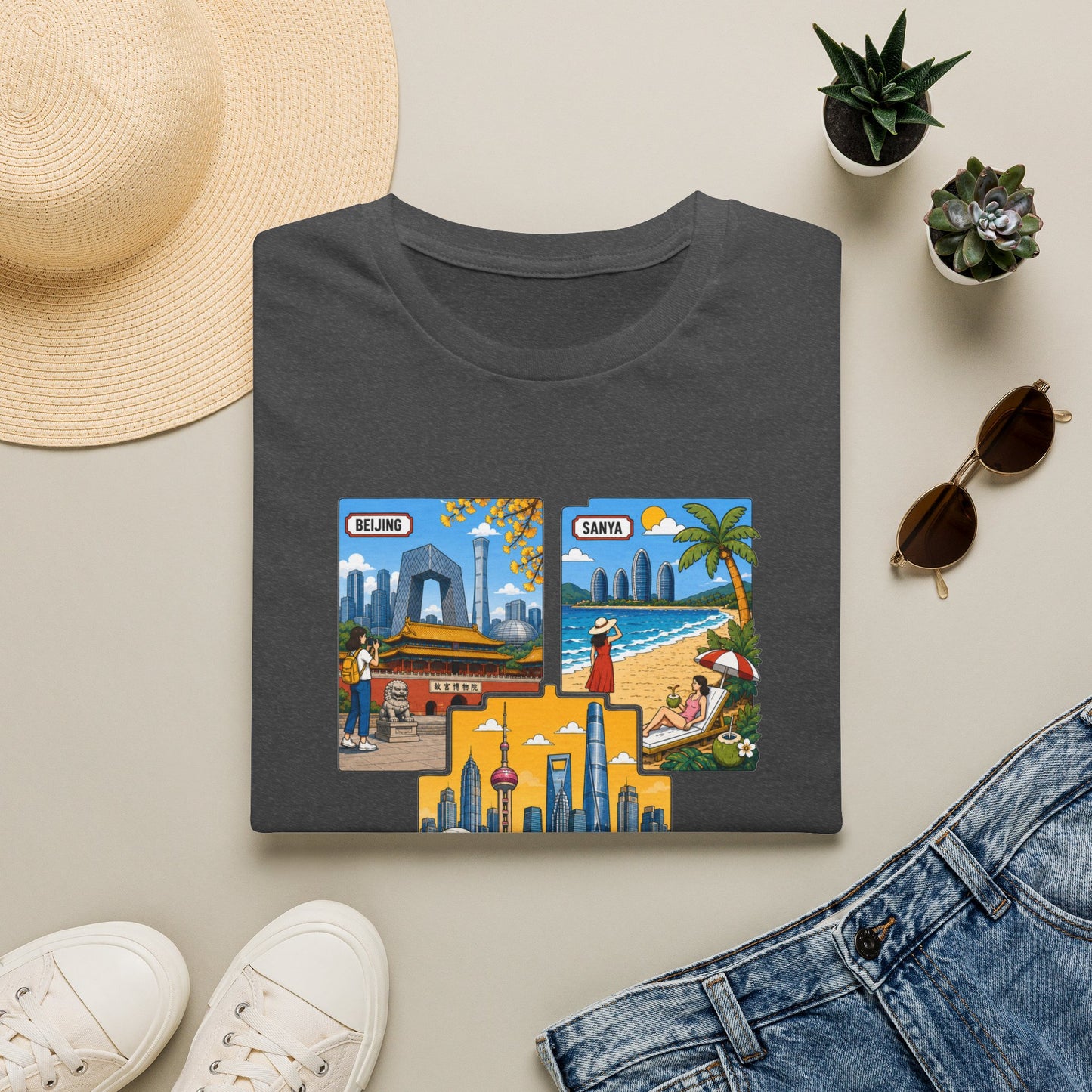 Cityscape Postcard T-Shirt — Miami & Dubai Travel Vintage Graphic Tee