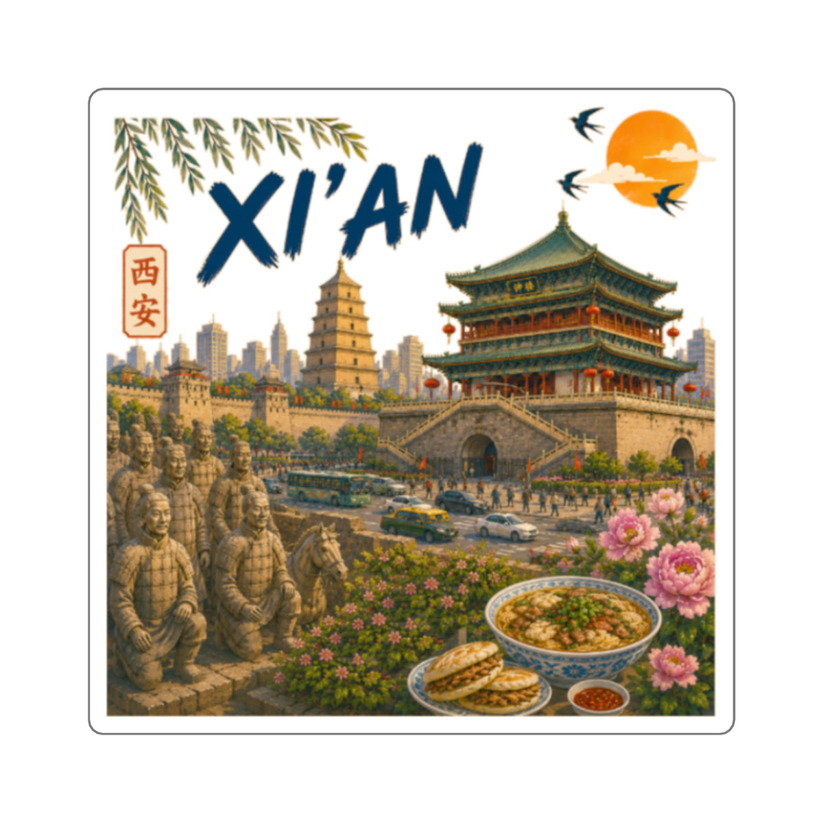 Xi'an Travel Sticker — Chinese Landmark Square Sticker (Terracotta Warriors, Drum Tower, Local Food)