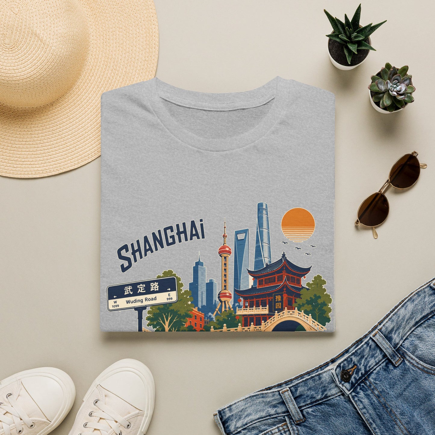 Shanghai Skyline T-Shirt — Vintage Cityscape Tee with Oriental Temple & Pudong Landmarks