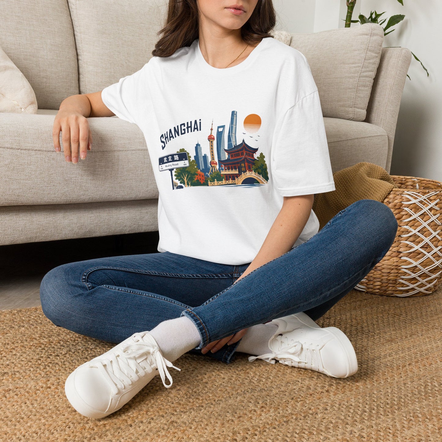 Shanghai Skyline T-Shirt — Retro Cityscape Tee with Oriental Pagoda & Street Sign