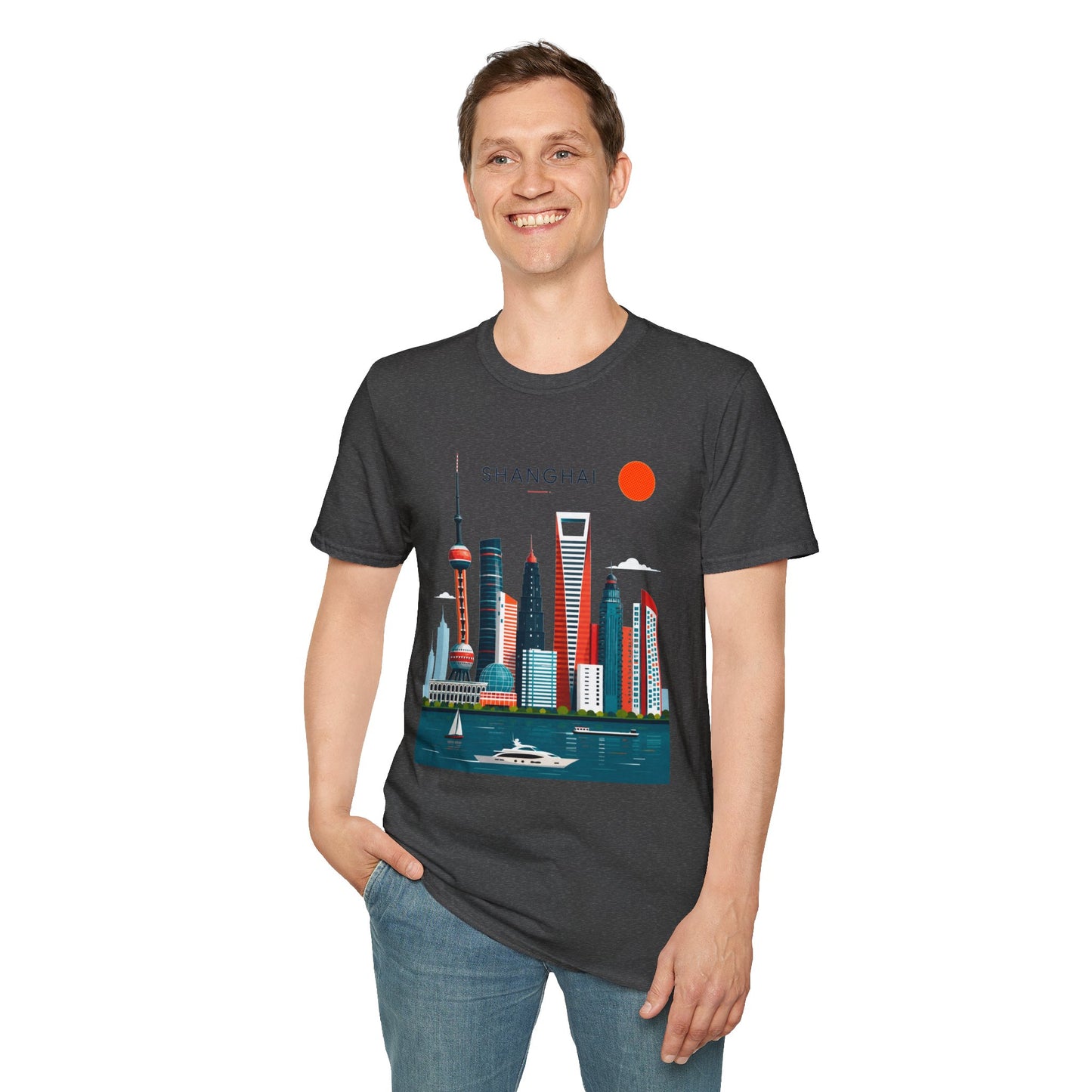 Shanghai Skyline T‑Shirt — Retro Red Sun Cityscape Tee