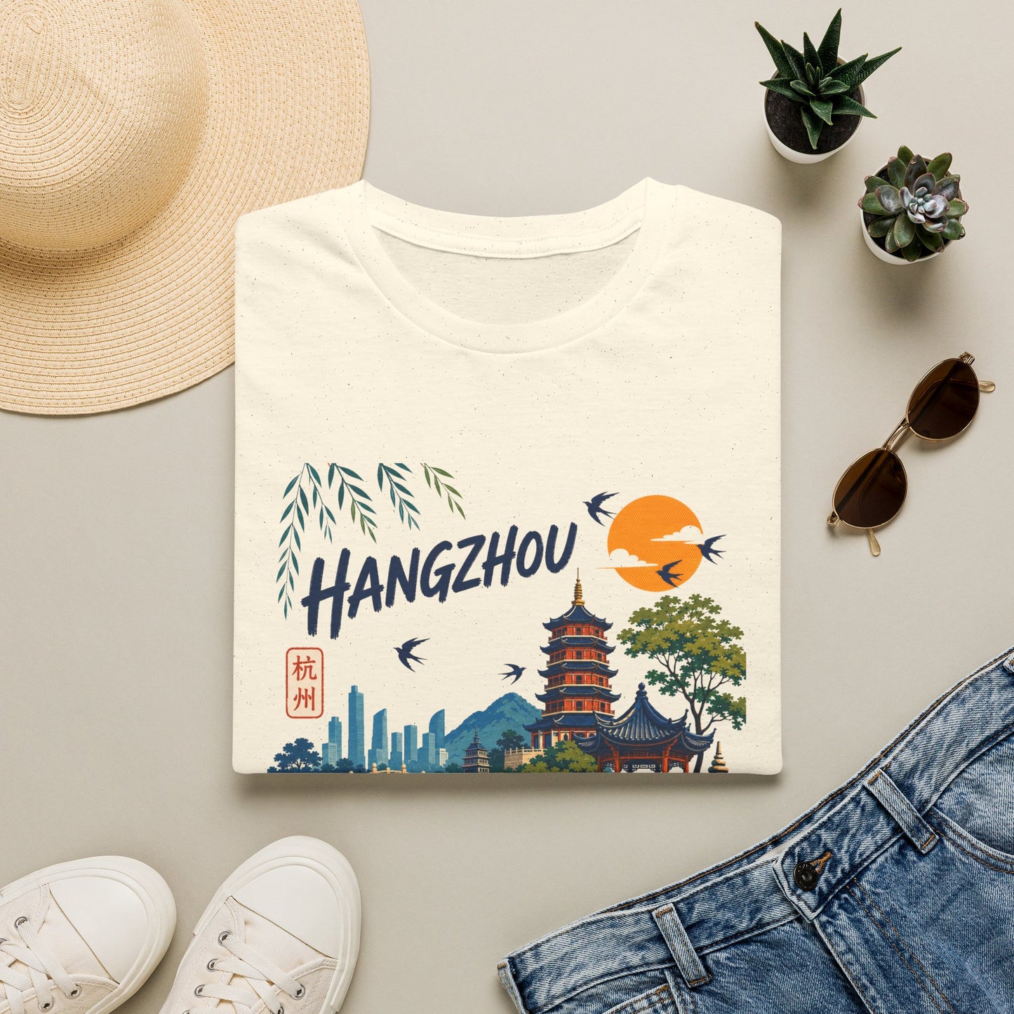 Hangzhou Travel Tee — Scenic Pagoda, Skyline & Sunset Graphic T-Shirt