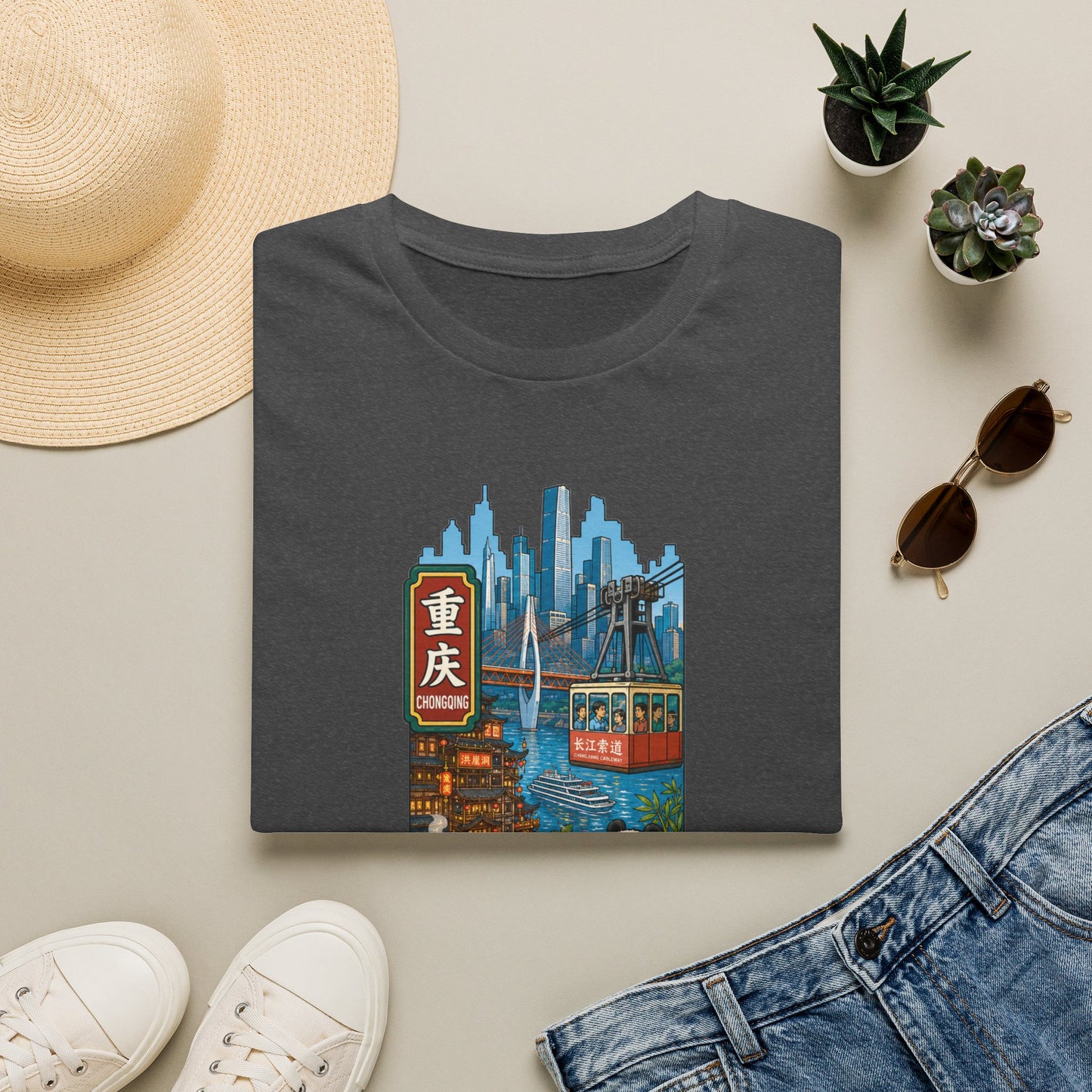 Chongqing Cityscape T-Shirt — Cable Car, Skyline & Night Market Illustration