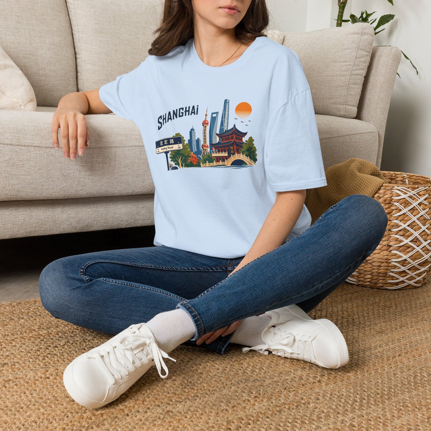 Shanghai Skyline T-Shirt — Vintage Cityscape Graphic Tee featuring Oriental Pagoda & Pudong Landmarks