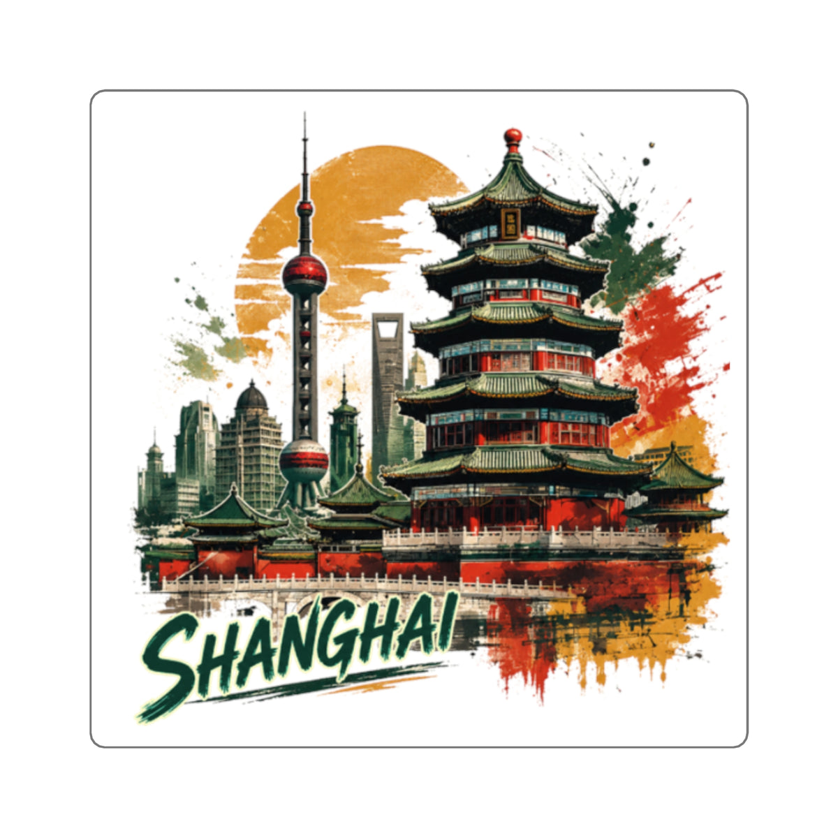 Shanghai Travel Sticker — Vintage Skyline Square Sticker