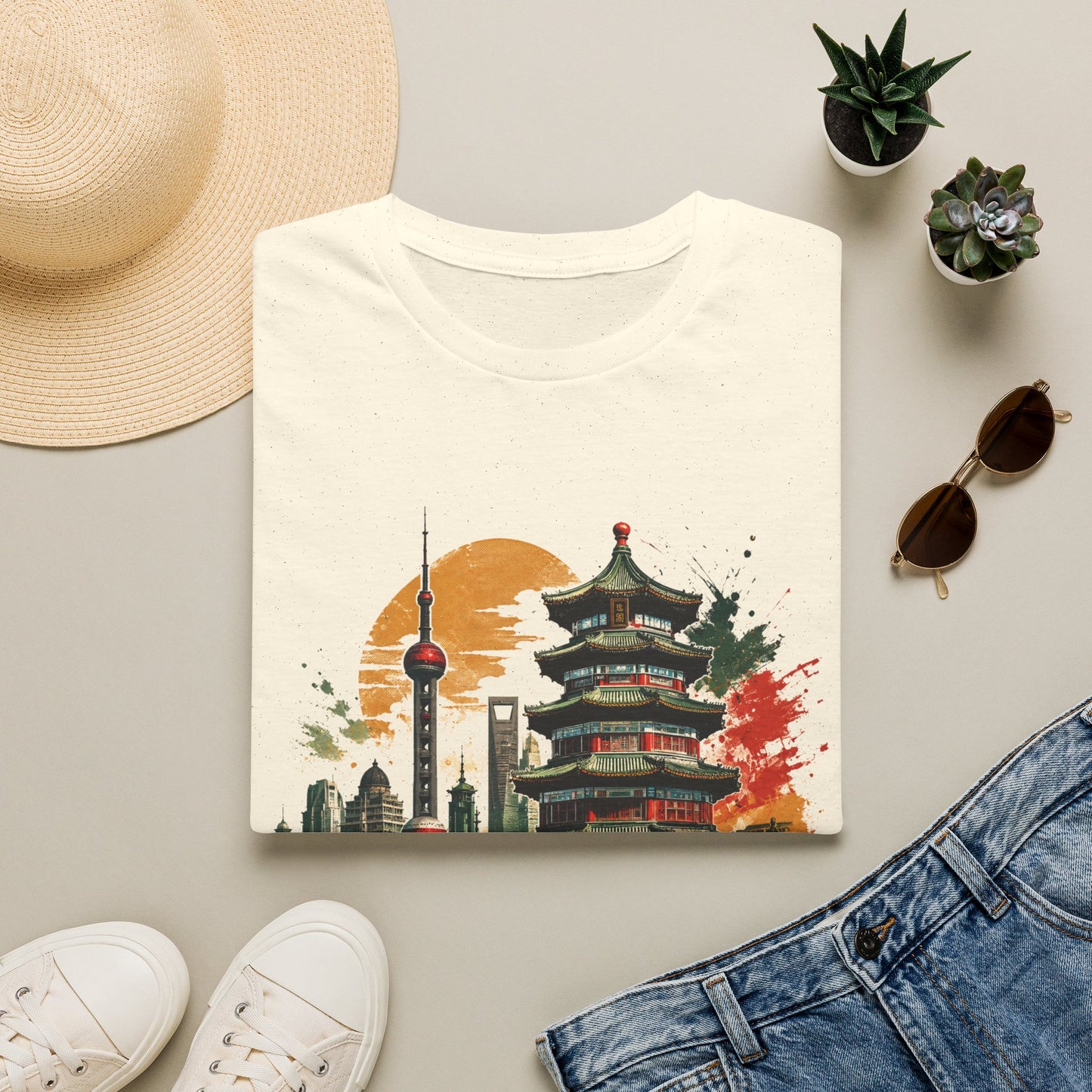 Shanghai Skyline T-Shirt — Watercolor Pagoda & Oriental Sunset Graphic