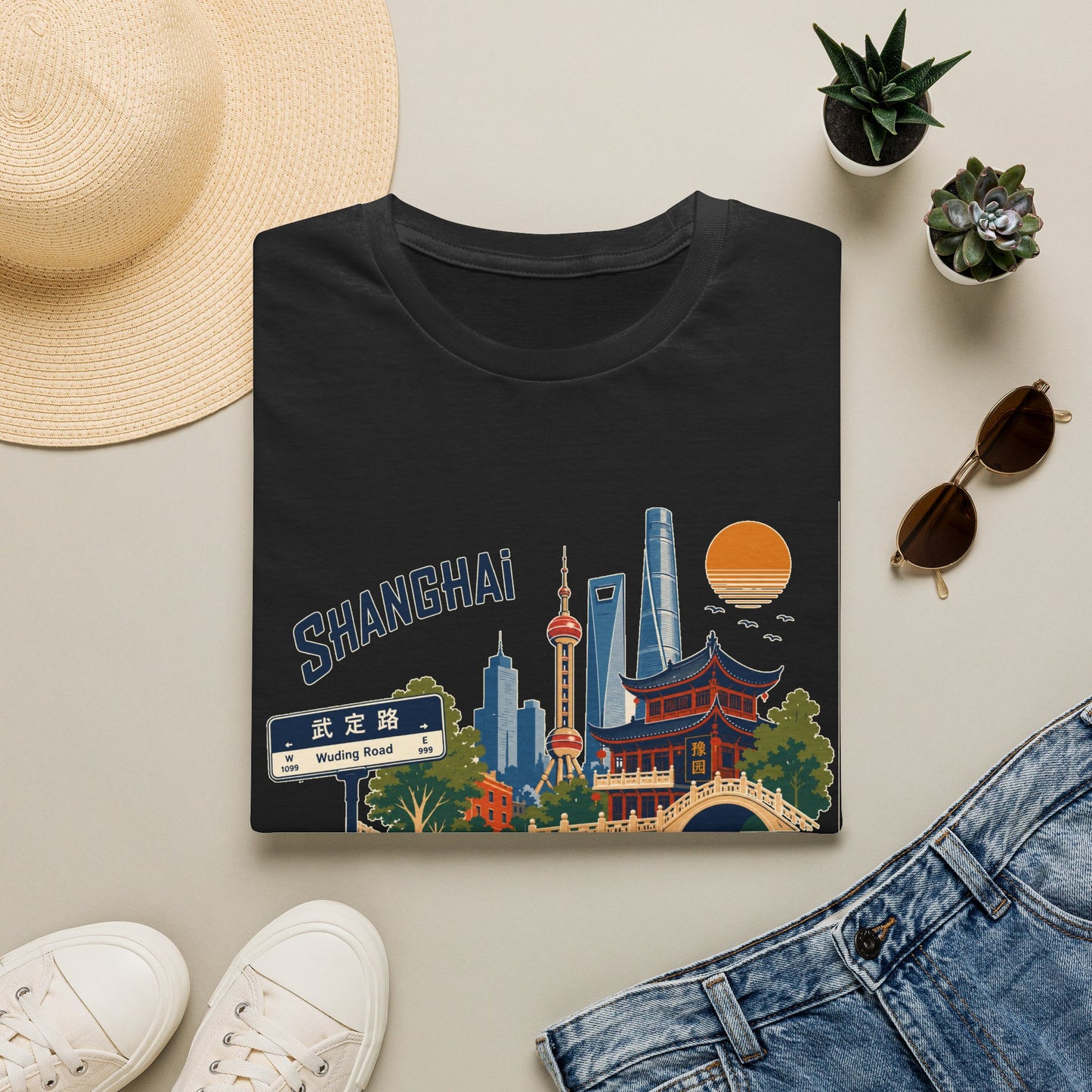 Shanghai Skyline T-Shirt — Vintage Cityscape Tee with Oriental Temple & Pudong Landmarks