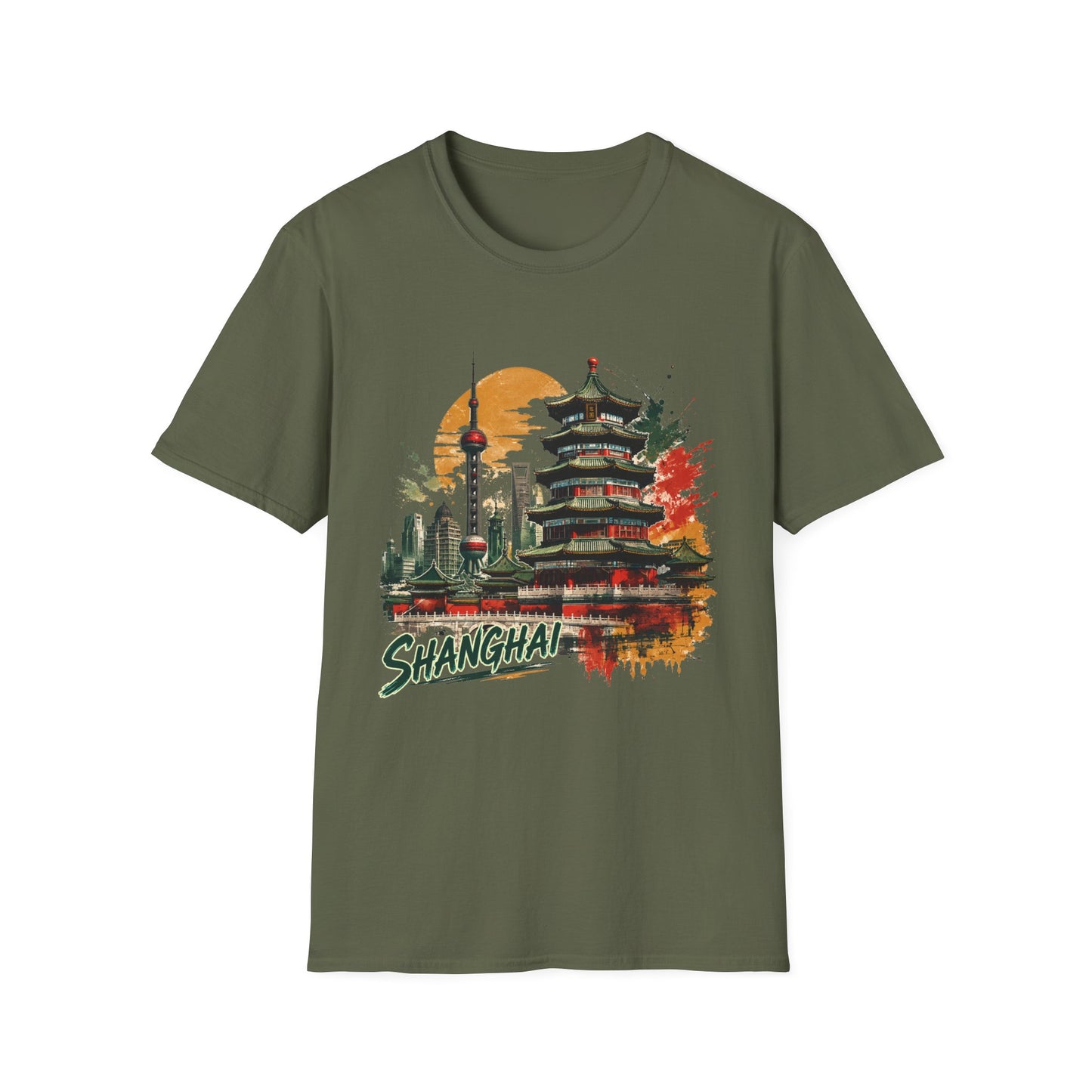 Shanghai Skyline T-Shirt — Watercolor Pagoda & Oriental Sunset Graphic