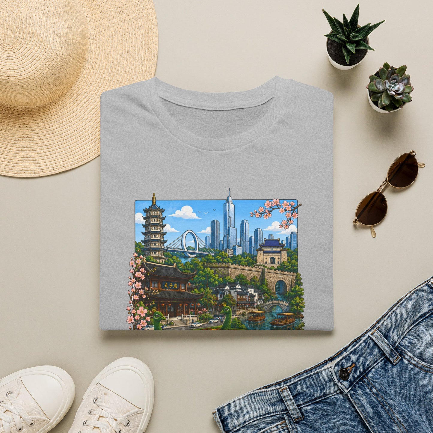 Nanjing Skyline T-Shirt — Scenic Cityscape with Pagoda & Cherry Blossoms
