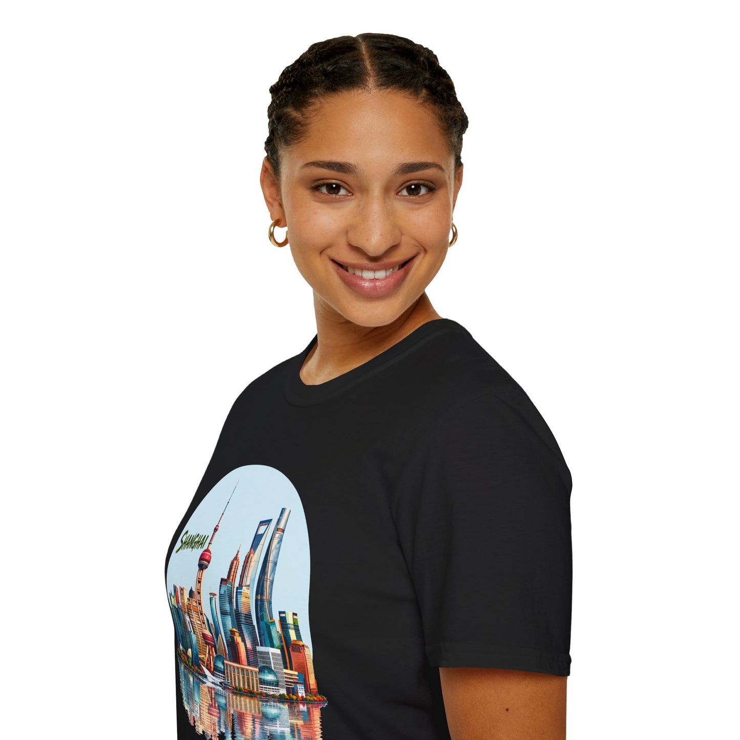 Shanghai Skyline T-Shirt — Retro Cityscape Tee with Reflection