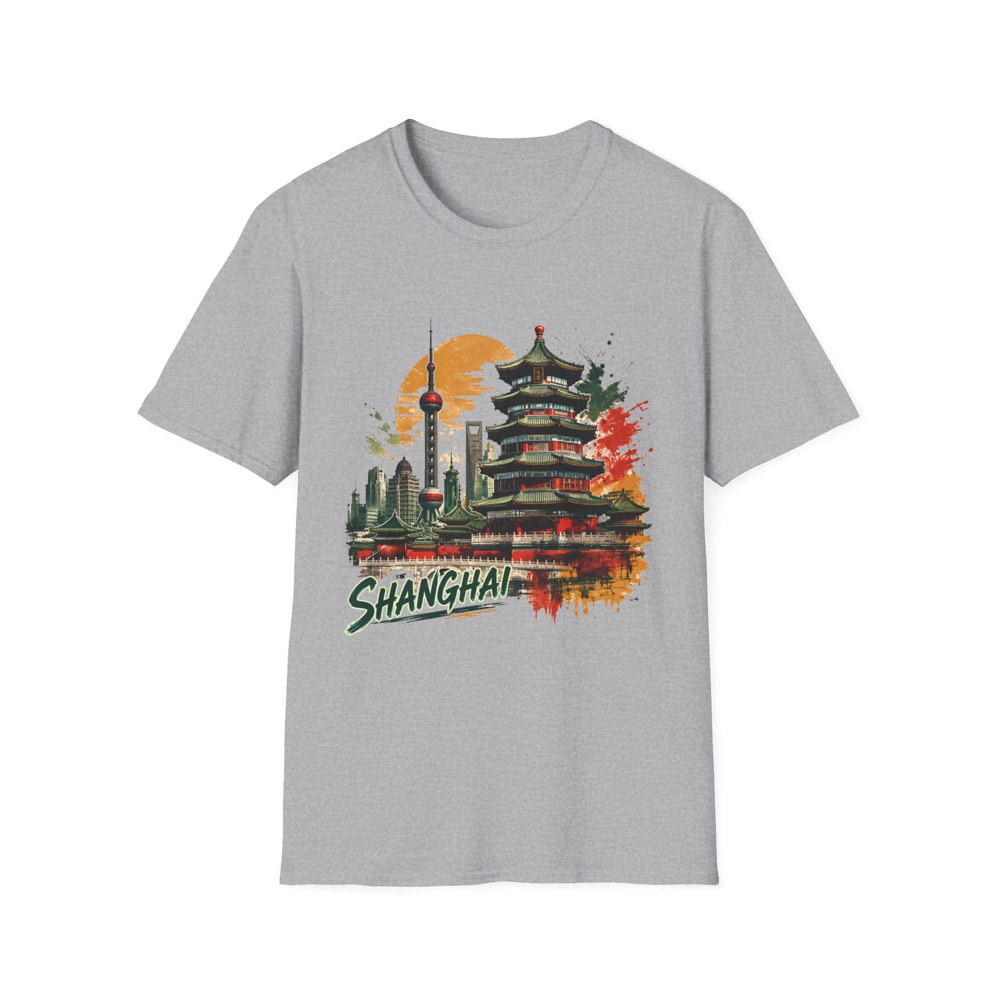 Shanghai Skyline T-Shirt — Watercolor Pagoda & Oriental Sunset Graphic