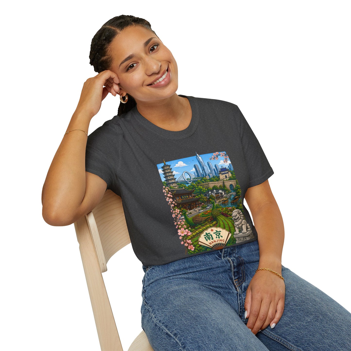 Nanjing Skyline T-Shirt — Scenic Cityscape with Pagoda & Cherry Blossoms