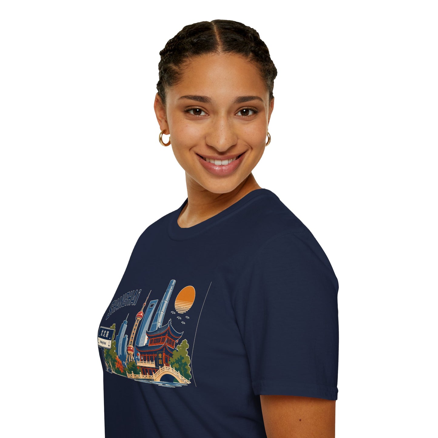 Shanghai Skyline T-Shirt — Vintage Cityscape Tee with Oriental Temple & Pudong Landmarks