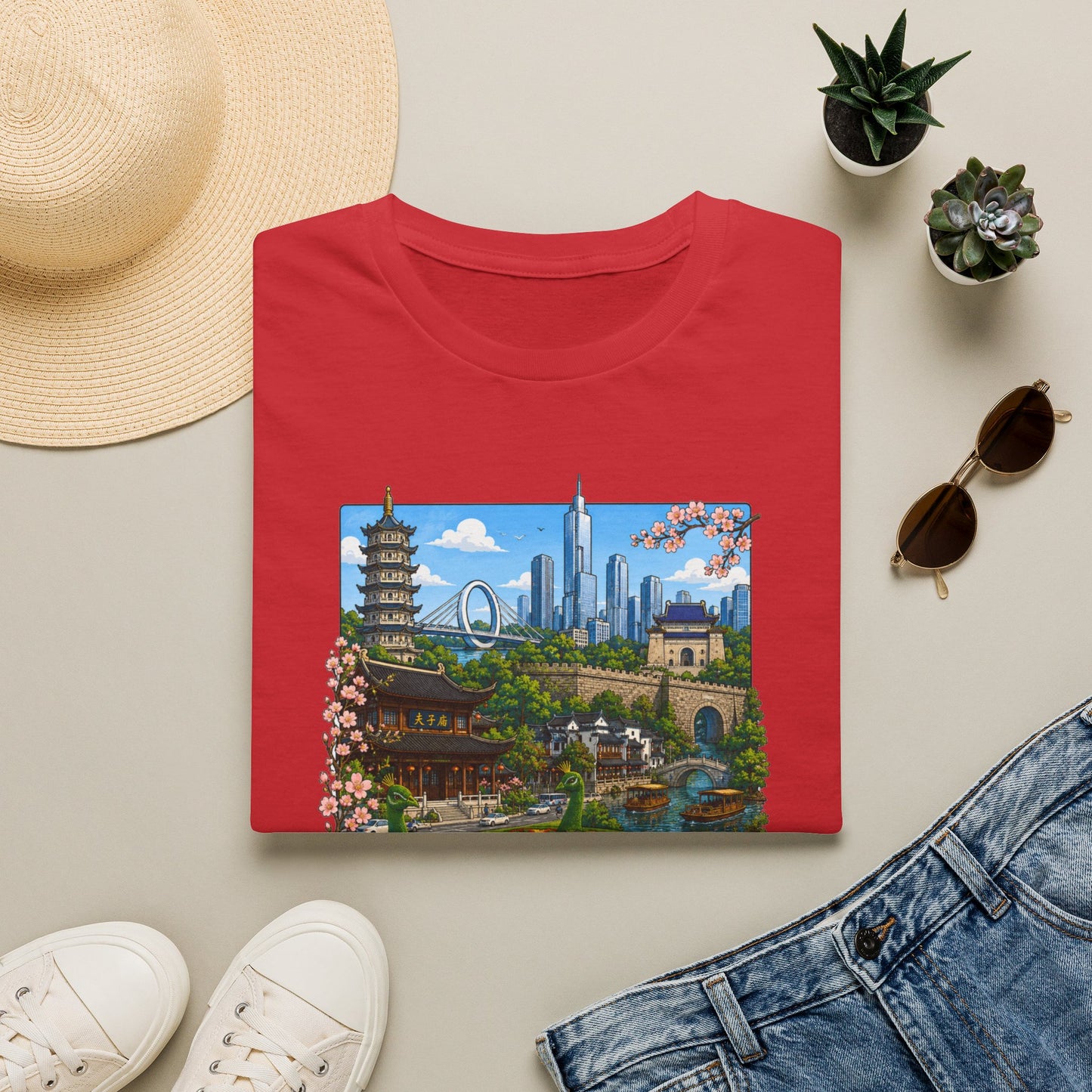 Nanjing Skyline T-Shirt — Scenic Cityscape with Pagoda & Cherry Blossoms