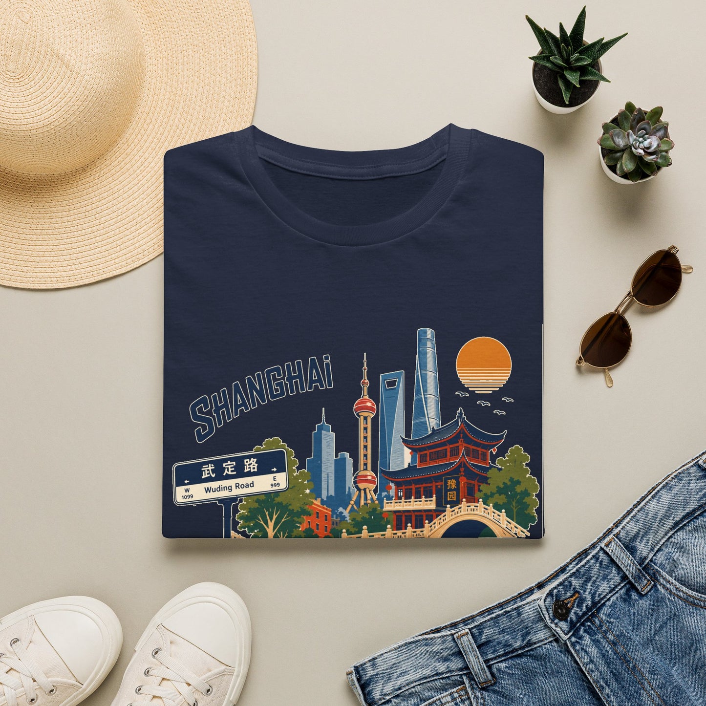 Shanghai Skyline T-Shirt — Vintage Cityscape Tee with Oriental Temple & Pudong Landmarks
