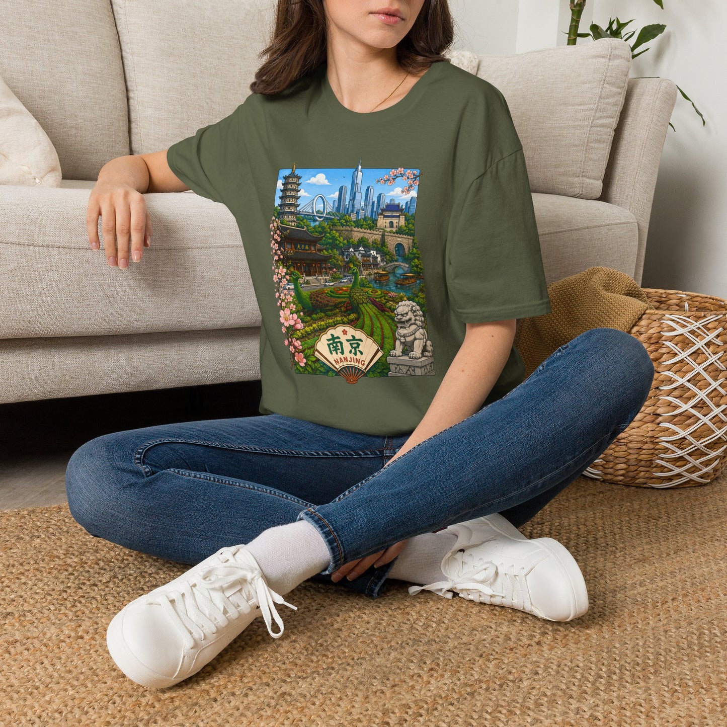 Nanjing Skyline T-Shirt — Scenic Cityscape with Pagoda & Cherry Blossoms