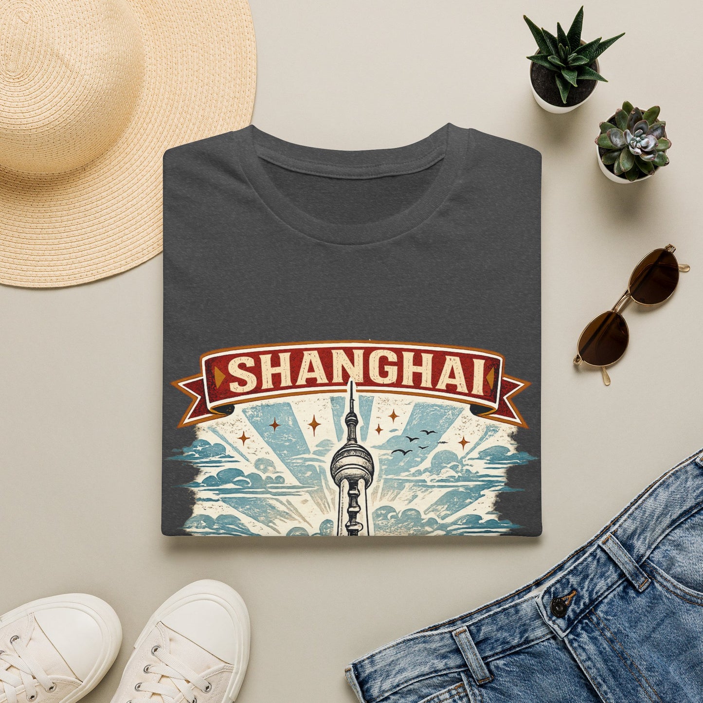 Shanghai Skyline T-Shirt — Retro Oriental Pearl Tower Travel Tee
