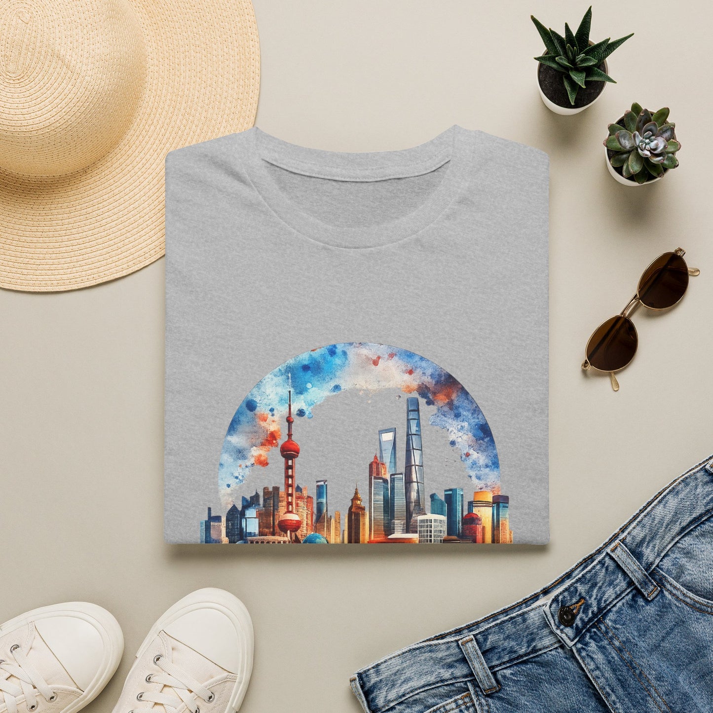 City Skyline T-Shirt — Watercolor Shanghai Landscape Tee