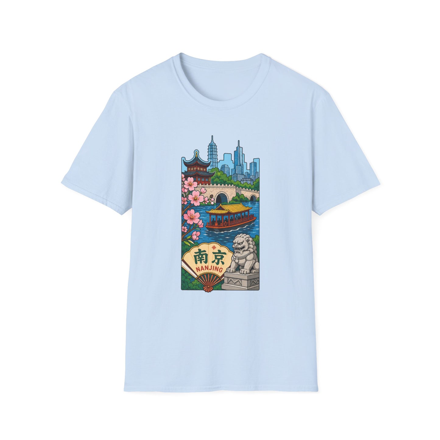 Nanjing Cityscape T-Shirt — Cherry Blossoms, Pagoda & Skyline Travel Shirt