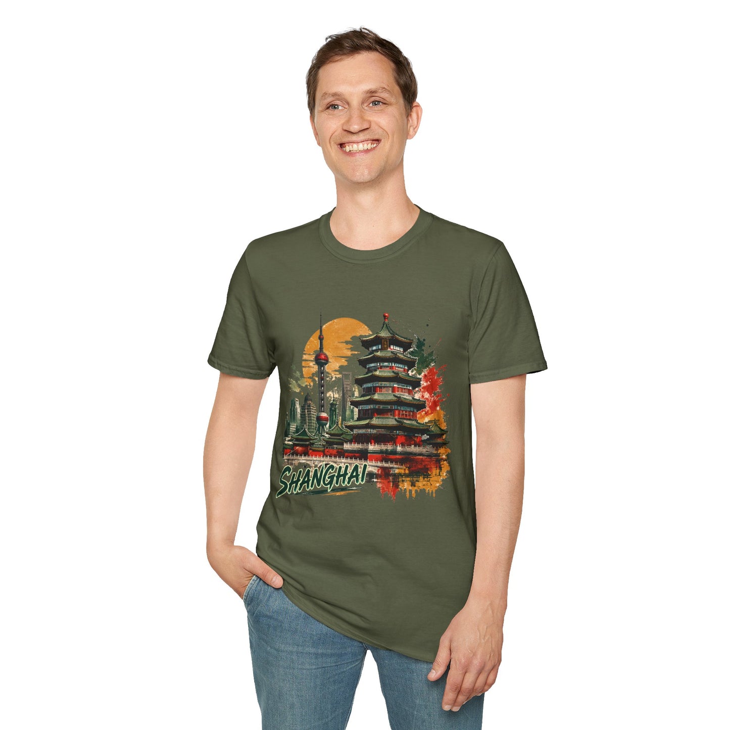 Shanghai Skyline T-Shirt — Watercolor Pagoda & Oriental Sunset Graphic