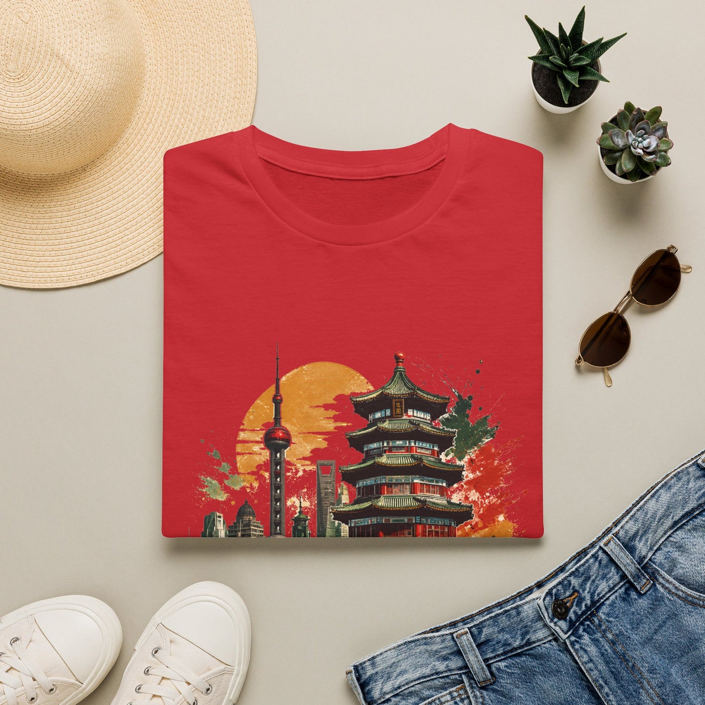 Shanghai skyline T-Shirt — Watercolor Pagoda & Oriental Sunset Tee