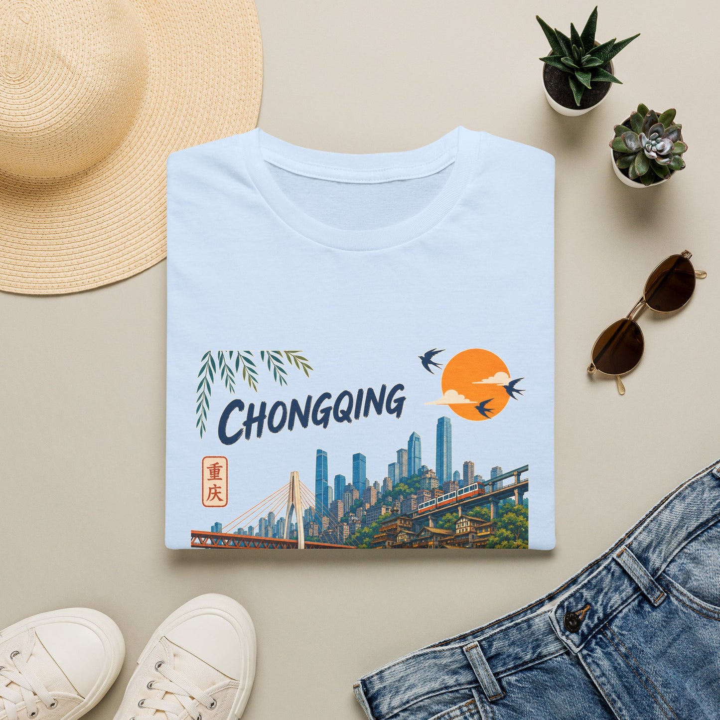 Chongqing Cityscape T-Shirt — Retro Sunset Asian Travel Tee