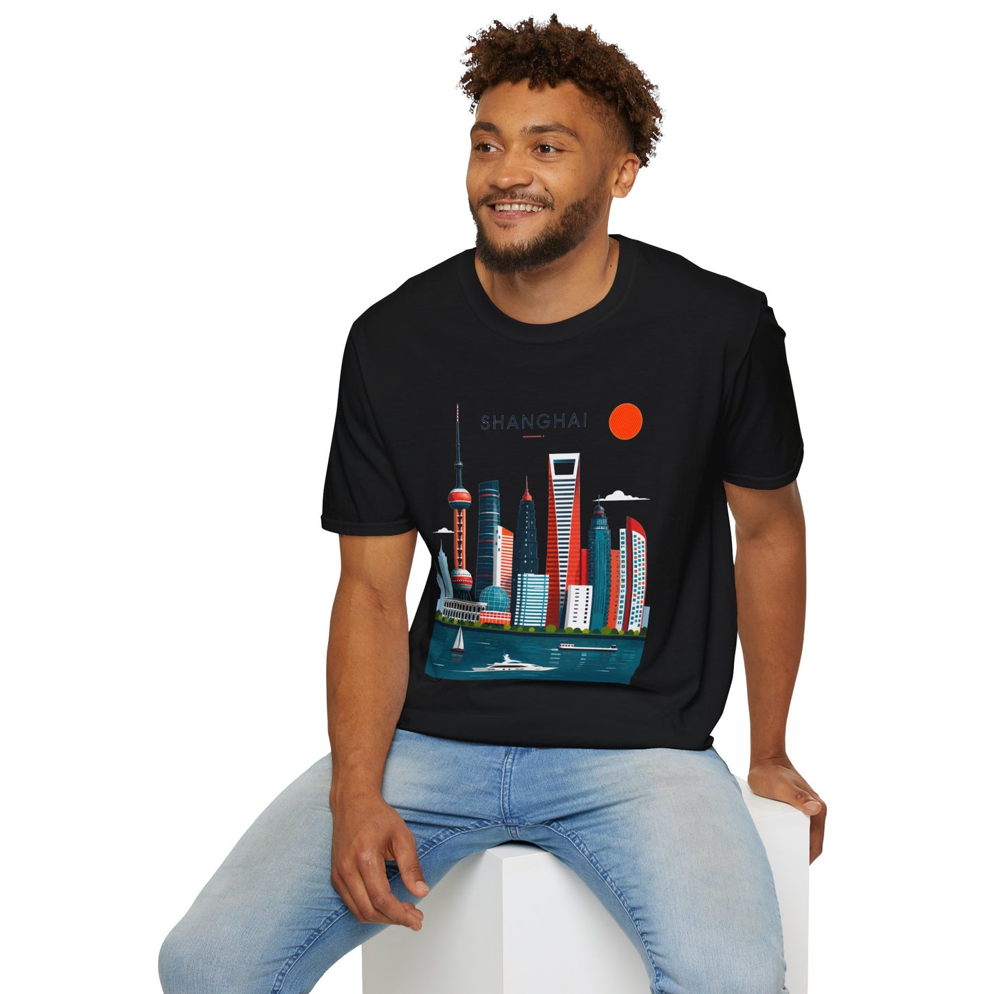 Shanghai Skyline T‑Shirt — Retro Red Sun Cityscape Tee