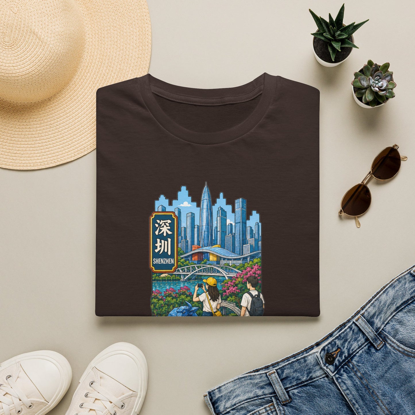 Shenzhen Skyline T-Shirt — Retro Travel City Scene with Chinese Characters
